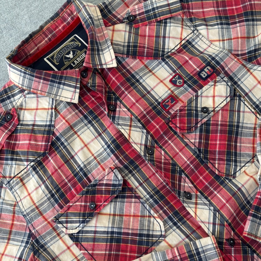 Company 81 Men Large Plaid Button Down Shirt Red White Blue Patch Utility Long